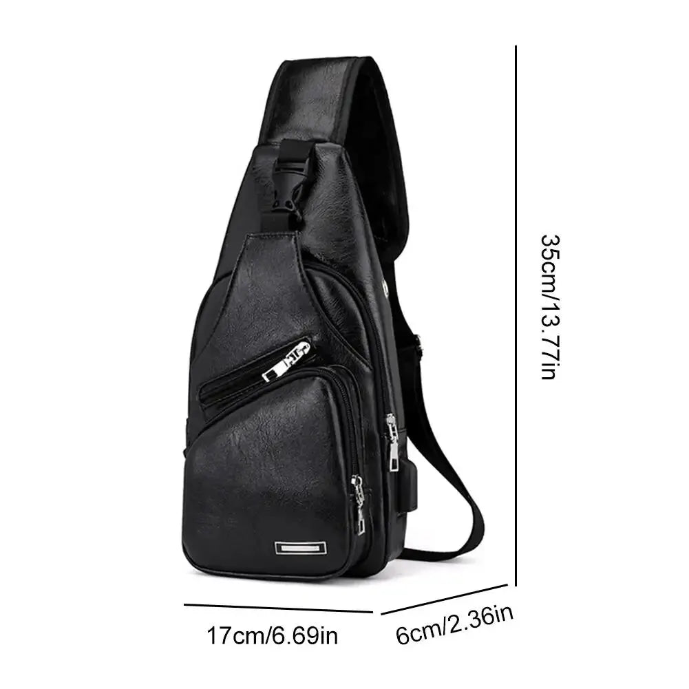 Mens Multifunctional USB Charging Crossbody Chest Bag in Microfiber Leather