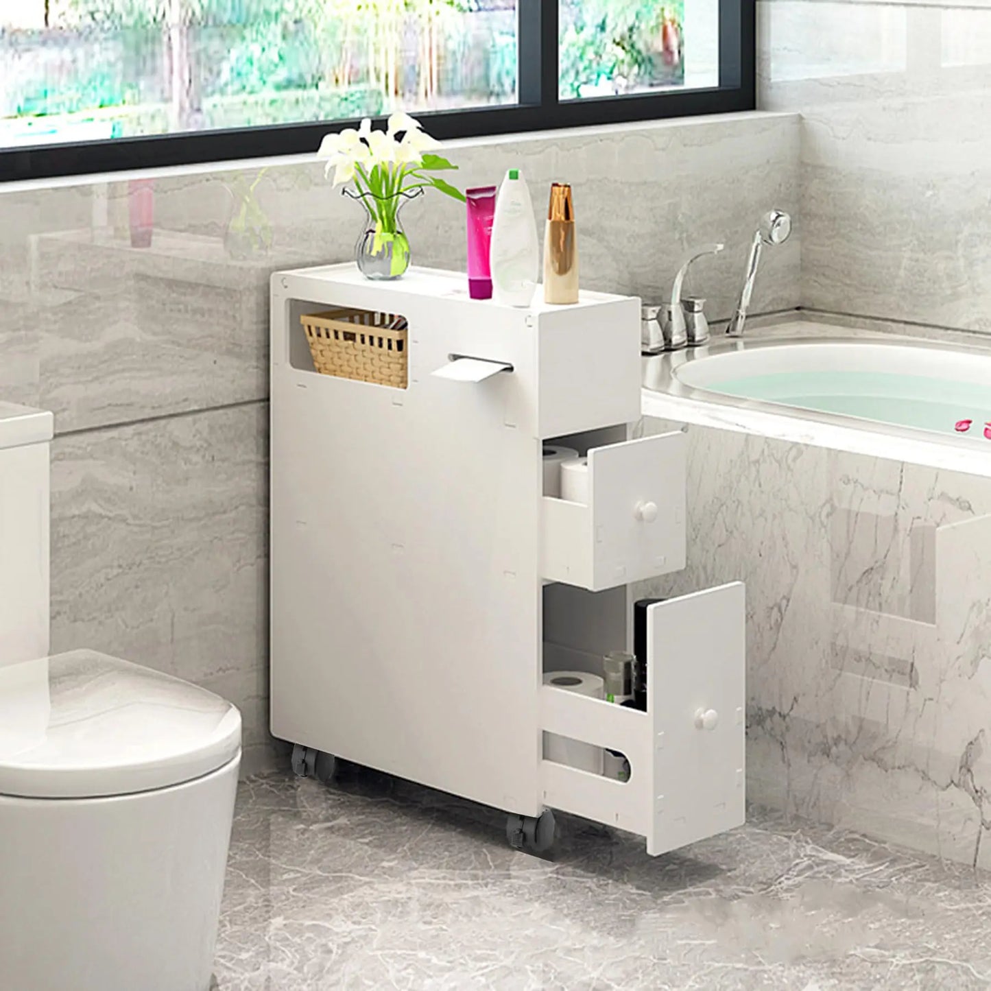Bymaocar Toilet Slim Bathroom Storage Cabinet With Wheels And Drawers