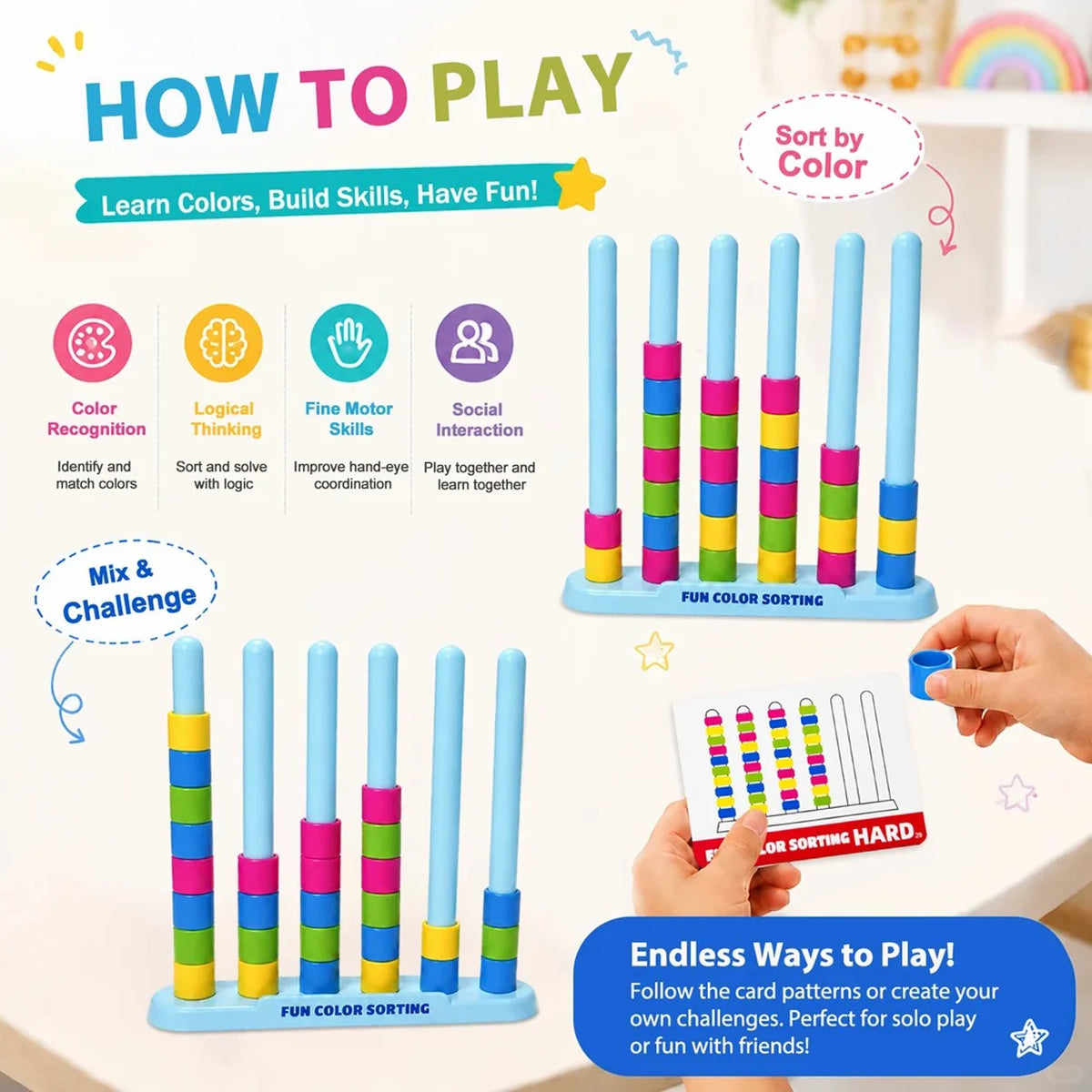 Color Stack Challenge Game 2 Pack with 50 Cards & 80 Color Rings Creative Matching Puzzle Game DIY Craft Activity Toy Gift