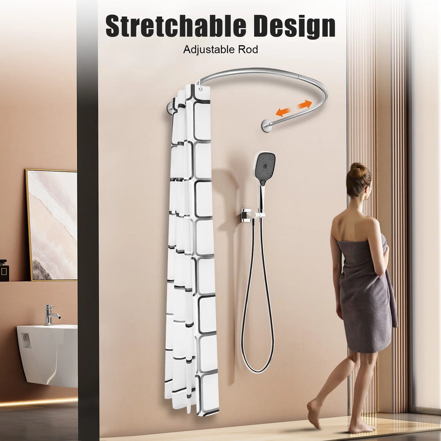 Extendable U Shaped Shower Curtain Rod Set Punch Free Bathroom