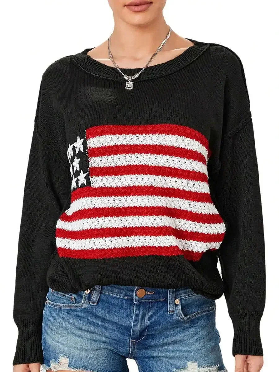 Women American Flag Knit Sweater Long Sleeve Loose Pullover Casual Streetwear Y2k Vintage