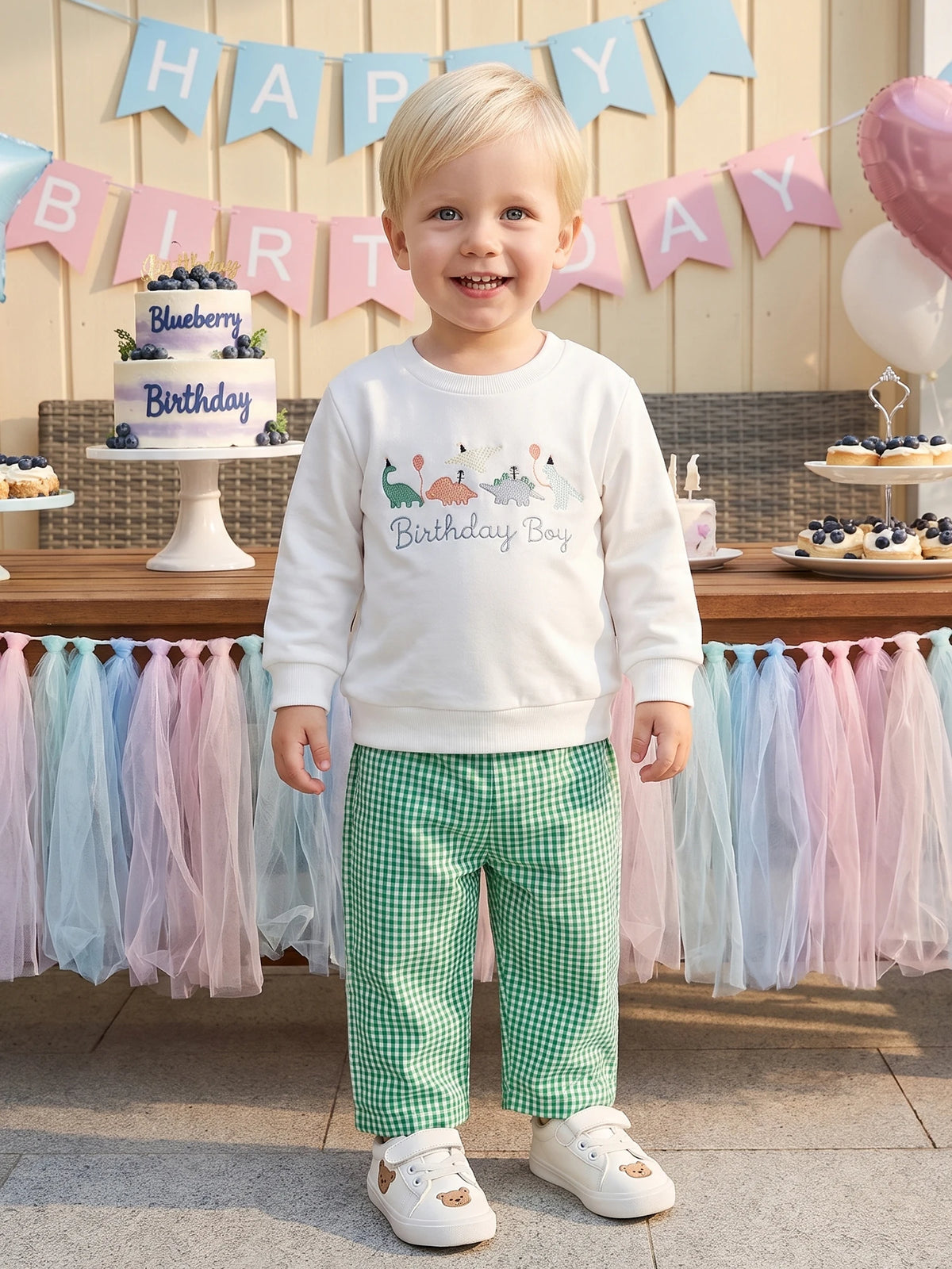 Tops Long Sleeve Dinosaur Embroidery Birthday Tops Plaid Pants Embroidery-Tops Boys High Quality Boys Birthday Outfit