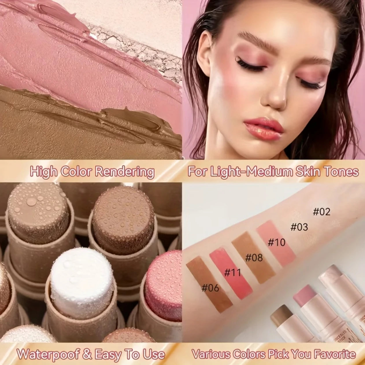 3-piece contour stick set, including blush stick, highlighter stick, bronzer stick, and eyeliner, refreshing and non-greasy, wat