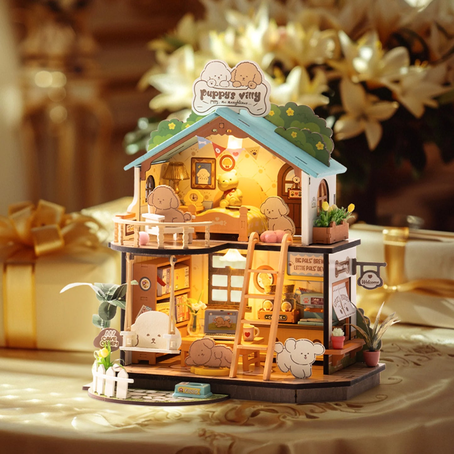 Rolife DIY Miniature House Kit Puppy's Cozy Villa Mini 3D Wooden Puzzle Dollhouse Model Building Kit Gift for Teens Kids Friends