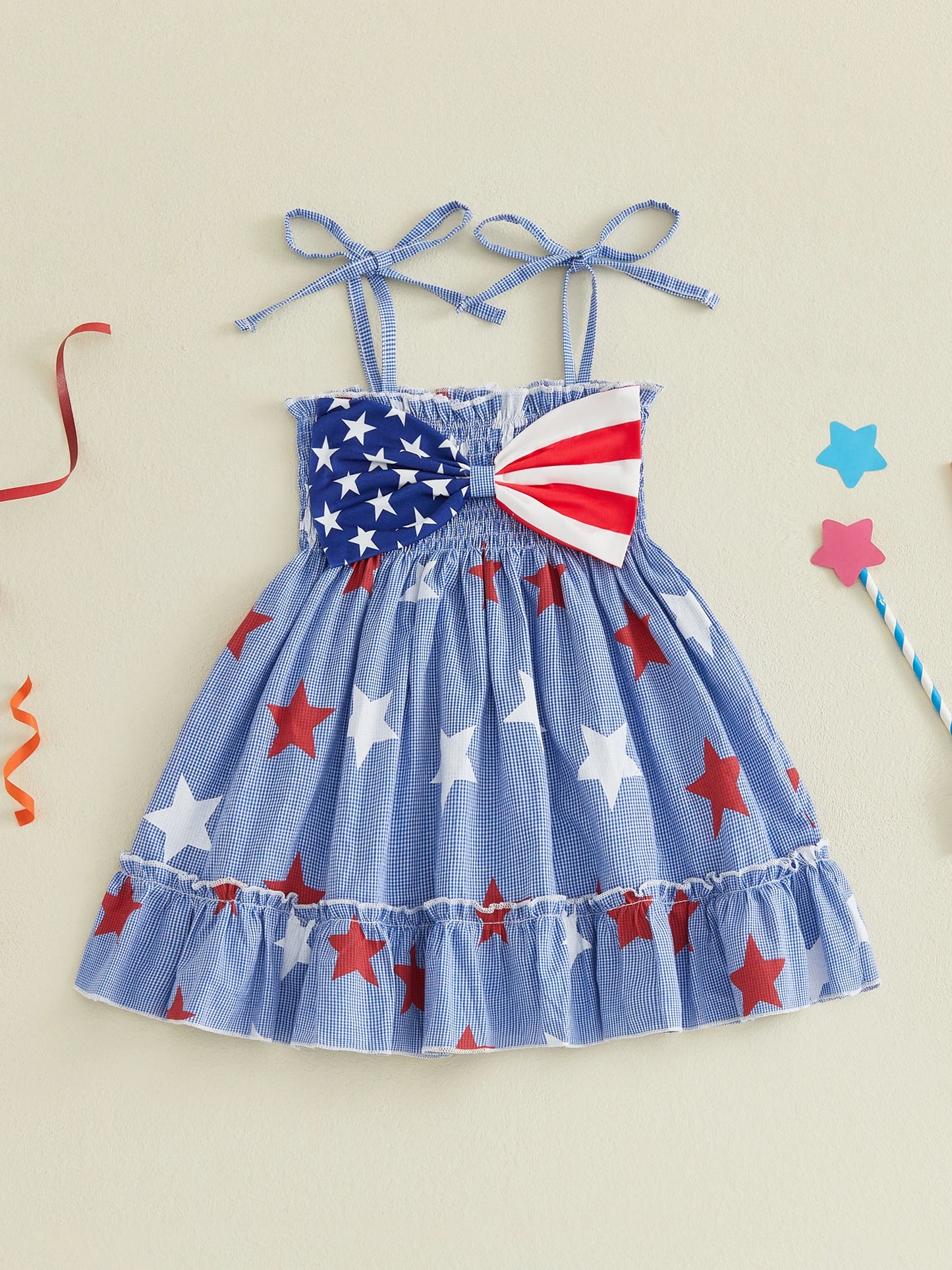 Girls Patriotic Sleeveless Dress With Star And Stripe Print Bow