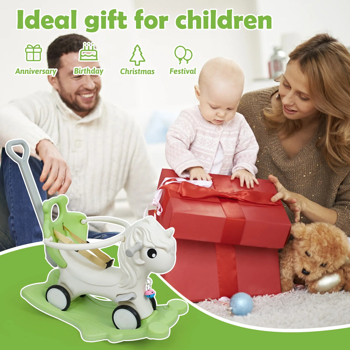 2 in 1 Convertible Unicorn Rocking Horse for Toddlers, Kids Ride On Toy with Anti-Fall Guardrail and Safety Belt, Baby Birthday Gift for 12-36 Months