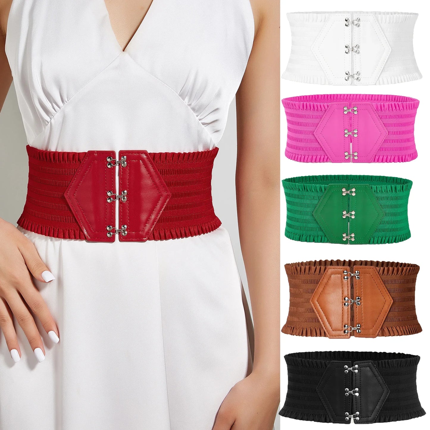 Vibrant Triple Buckle Elastic Waistband Ruffles Belt For Women Adjustable Strap