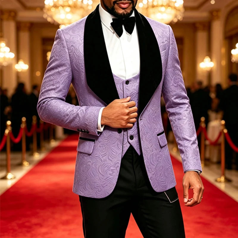 Slim Fit Men 3Pcs Jacquard Tuxedo Suit, Shawl Lapel Blazer+Vest+Pants, Formal Wedding Groom Suit, Multi Color White Red Khaki Violet Black