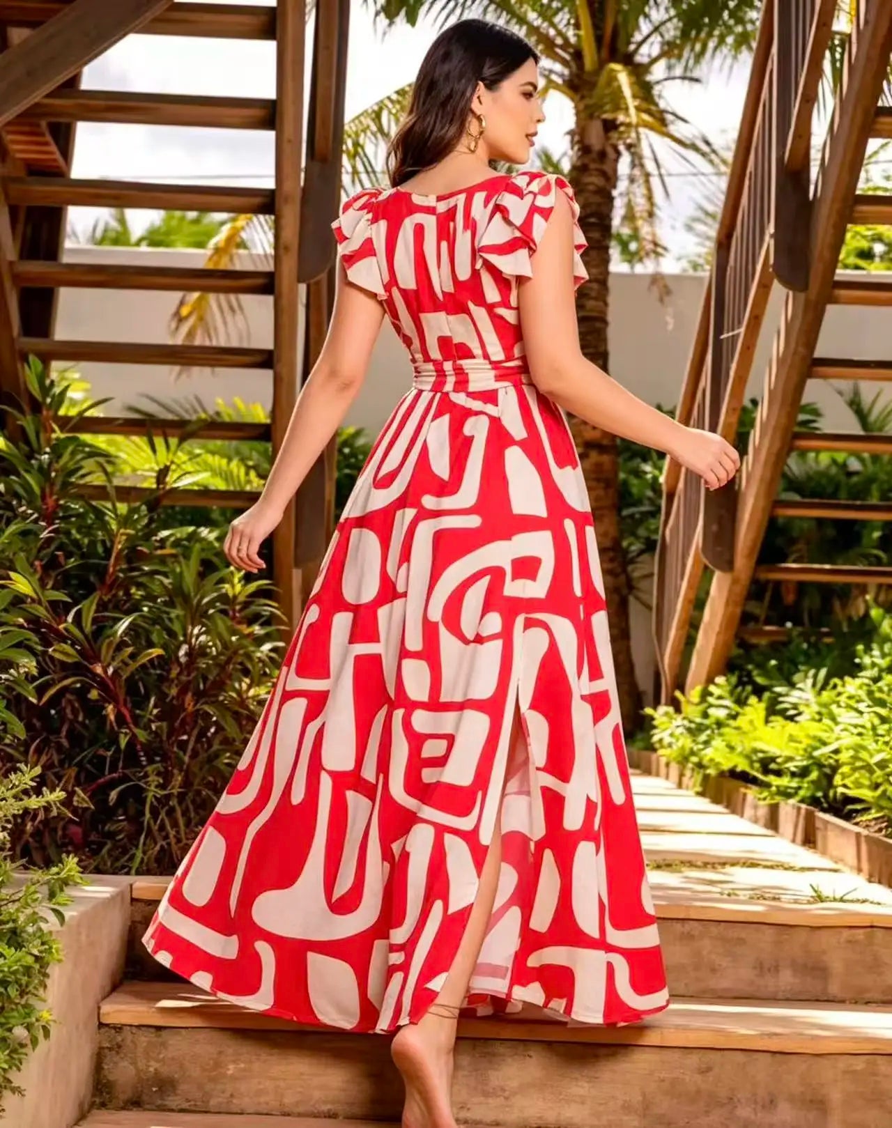 Geometric Print Sleeveless Maxi Dress With Decorative Bow
