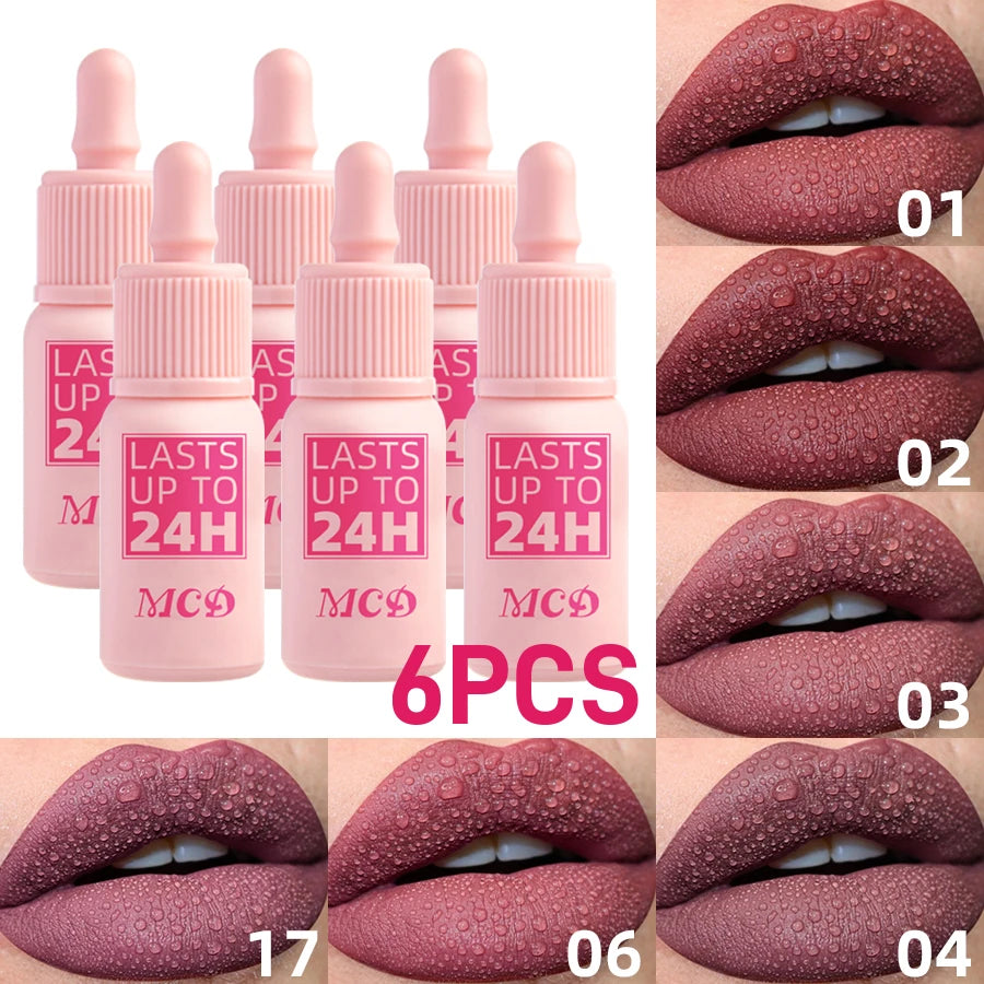 6pcs Matte Velvet Lip Gloss Waterproof Liquid Lipstick Nude Red Rose Lips Tint Makeup Lip Glaze Cosmetics Red Lip Stain Beauty for Women Gifts