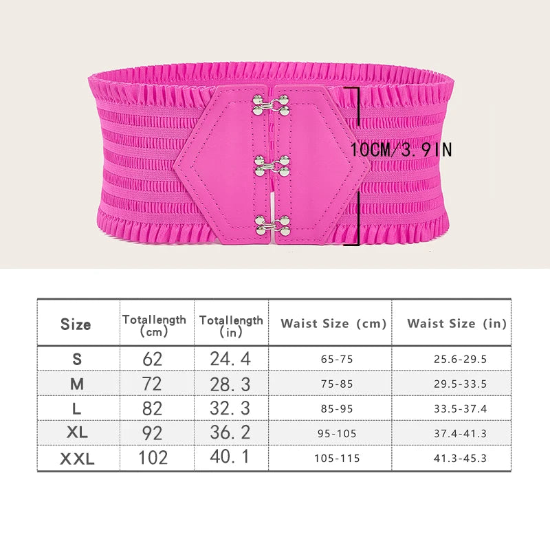 Vibrant Triple Buckle Elastic Waistband Ruffles Wide Belt For Women