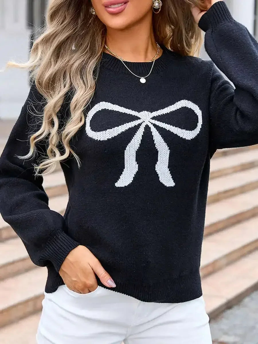 Women Knitted Sweater With Bow Print Long Sleeve Round Neck Loose Pullover Fall Winter Streetwear Casual Top
