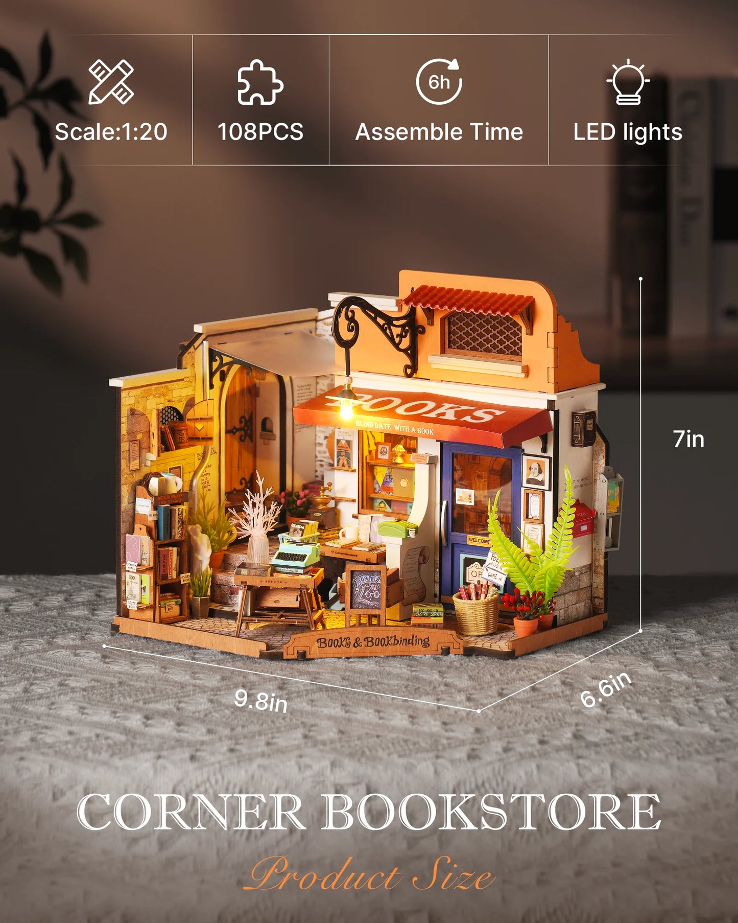 Rolife Wooden Dollhouse 3D Puzzle Toys Corner Bookstore DIY Miniature House Model Building Kit with LED Light for Home Decor Birthday Gift for Adults Friends