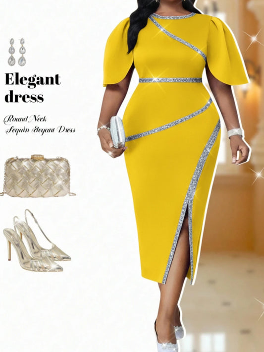 Women's Round Neck Flutter Sleeve Diagonal Decor Split Midi Bodycon Dress Big Size For Formal Dinner Wedding Guest Evening Party Fashion Occasions