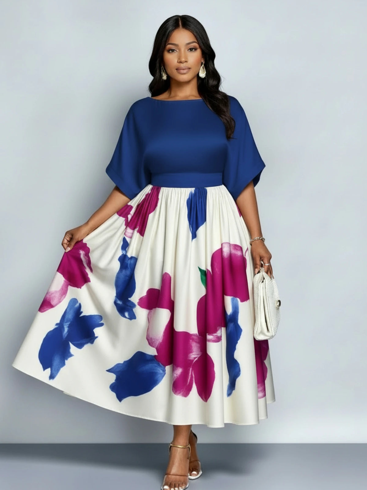 Women Pleated Floral Midi Dress Batwing Sleeve Polyester Elegance