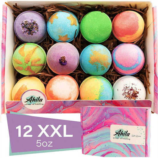 12 XXL Organic Bath Bombs Gift Set for Women Men Kids Long Lasting Floaters Relaxing Aromatherapy Pure Essential Oils Healing