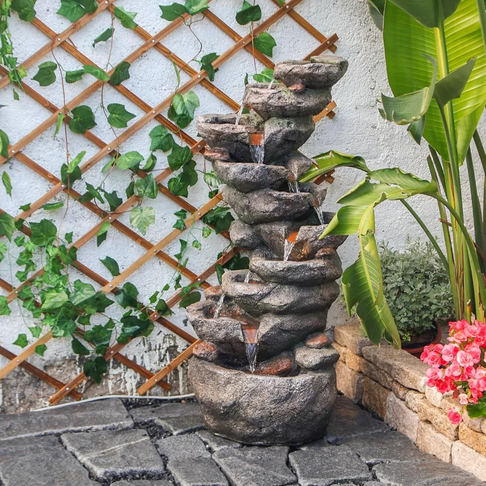10-Tier Cascading Rock Water Fountain Outdoor Garden Waterfall Fountains Patio Backyard Deck Porch Pond Art Decor, Customized
