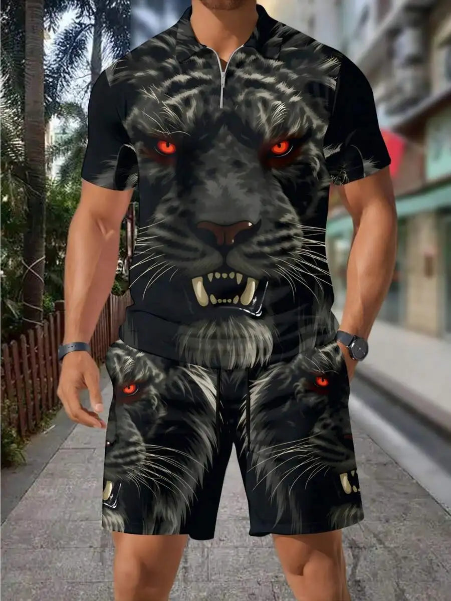Men's 3D Print  Red Eyes Zipper Polo Shirt & Shorts Set Summer Casual Street Style Beach Vacation Sportswear Men's Fashion For