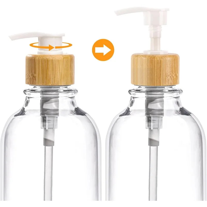 4Pcs Bamboo Bathroom Accessories Set, Clear Toothbrush Holder Plastic Soap Dispenser and 2 Qtip Holder Cotton Swab/Pad/Ball Container Jar