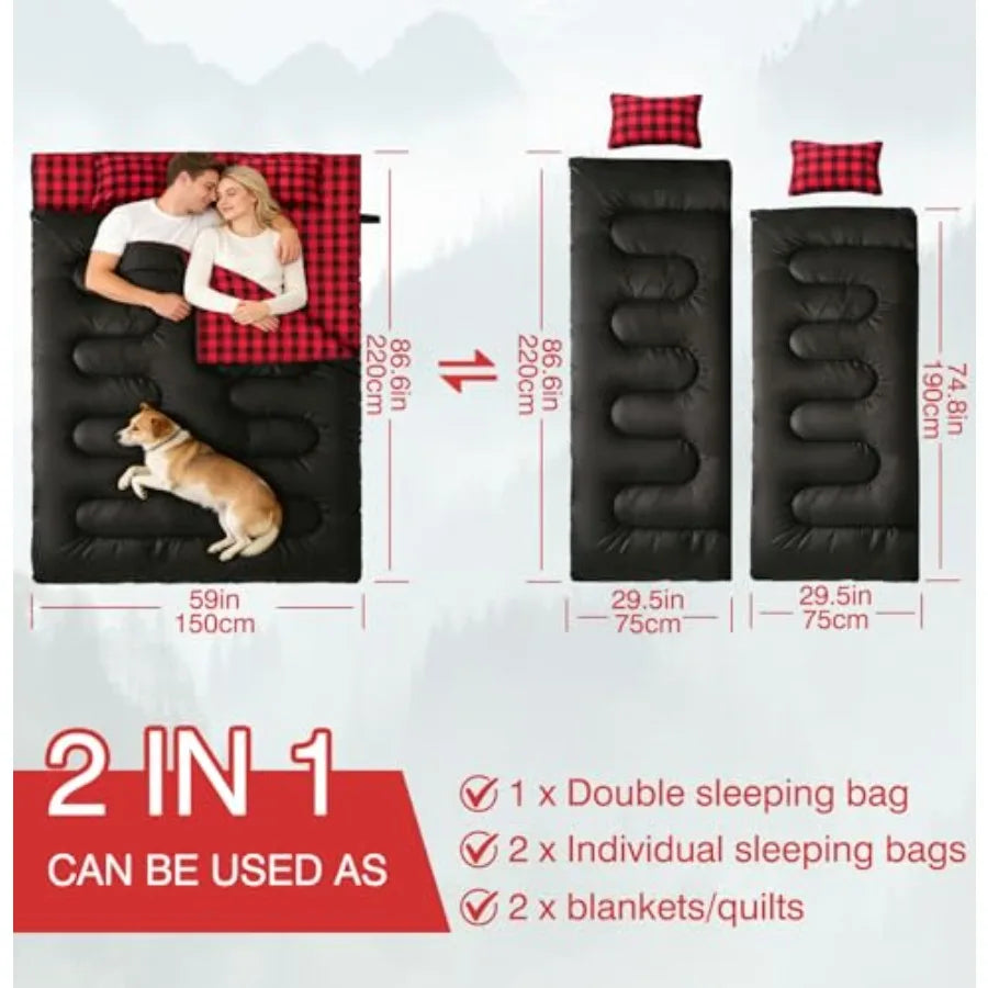 Double Sleeping Bag Sleeping Bag with 2 Pillows Queen Size XL Bag for 2 People Cold Warm Weather- 3 Seasons Waterproof Adults f