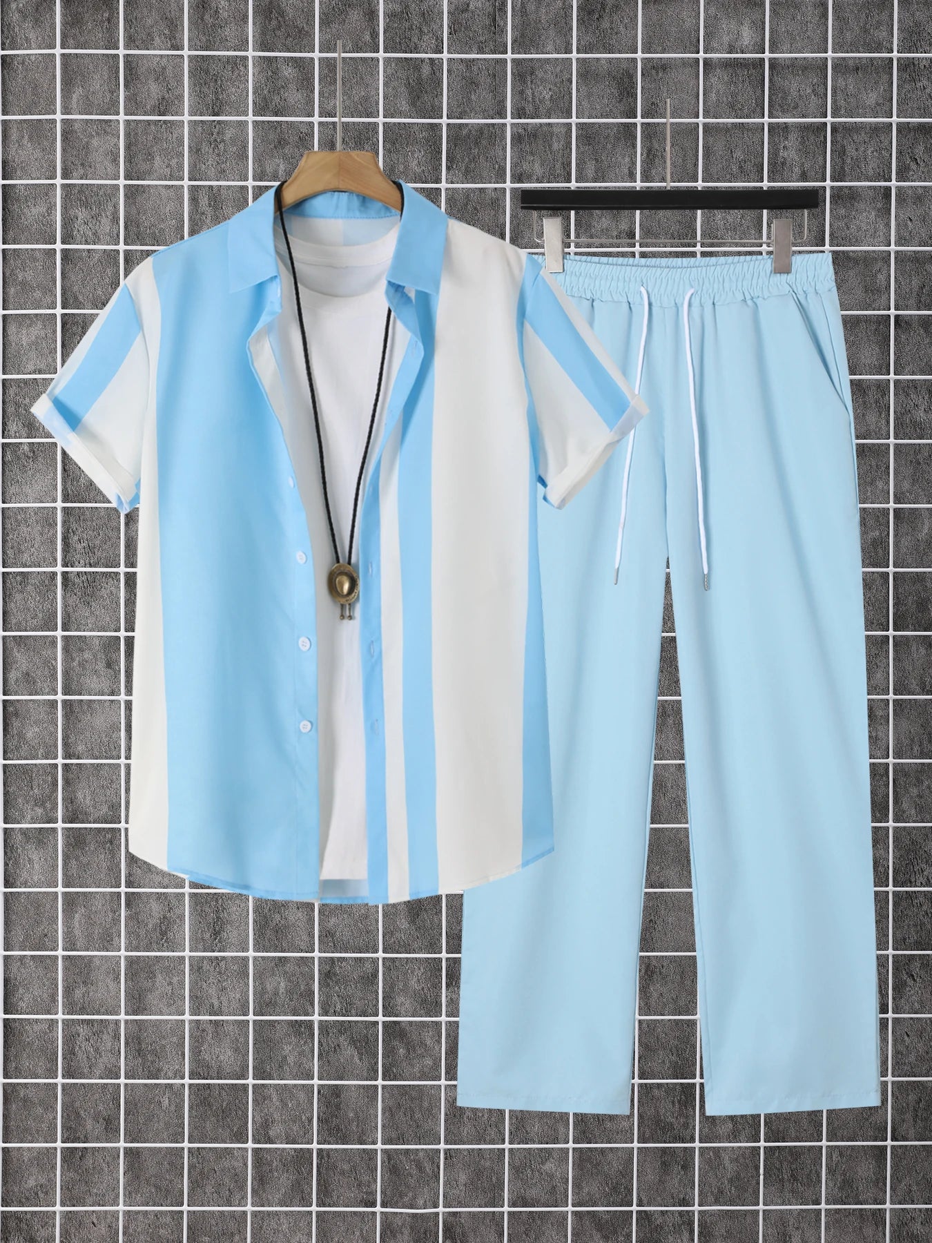 Men Printed Polyester Short Sleeve Shirt And Pants Matching Set