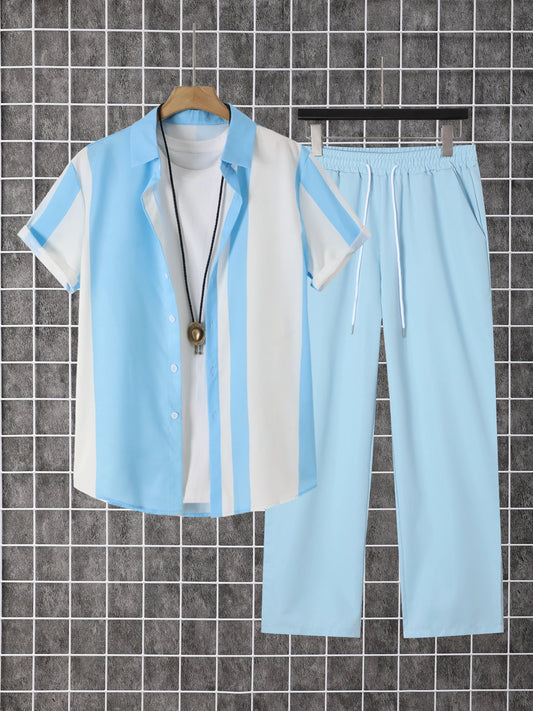 Men Printed Polyester Short Sleeve Shirt And Pants Matching Set