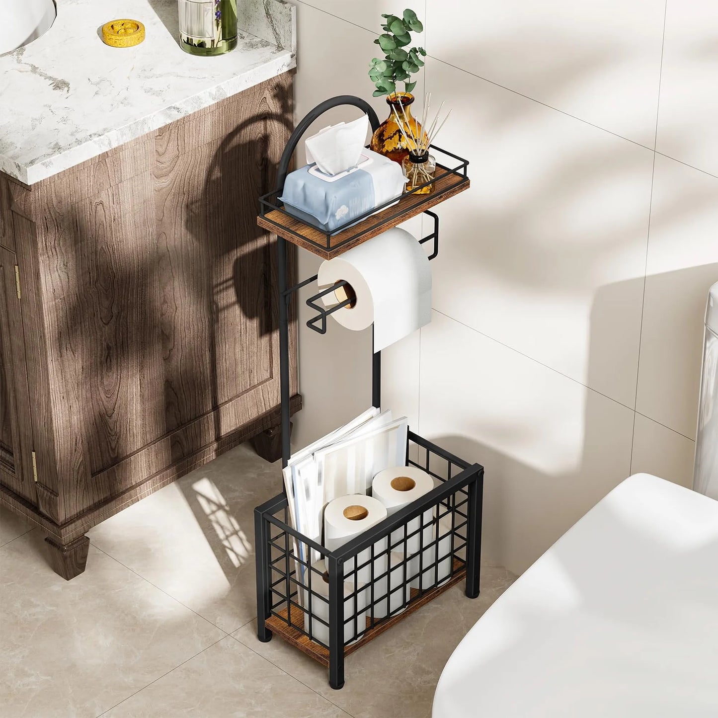 Freestanding Three Tier Bathroom Toilet Paper Holder With Storage Basket