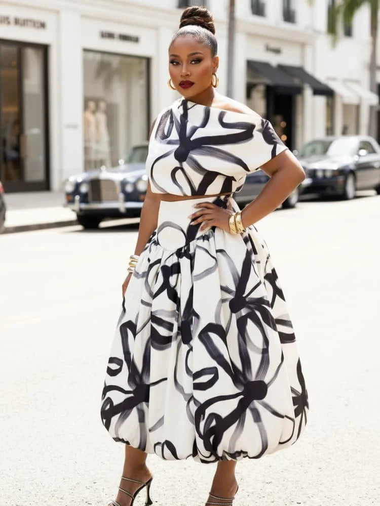 Plus Size Asymmetrical Neck Sleeveless Crop Top + High Waist Bubble Midi Skirt Matching Set For Women Party Fashion Two Piece Outfit