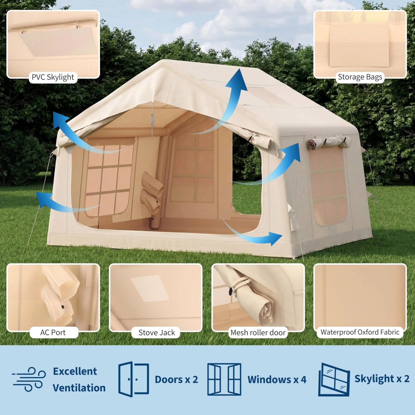 6-8 Person Inflatable Camping Tent with Chimney Opening and Sky Light PU 10000mm Waterproof Windproof Oxford Air Tent with Pump Easy Setup Large Blow Up Tent 316x250x220cm