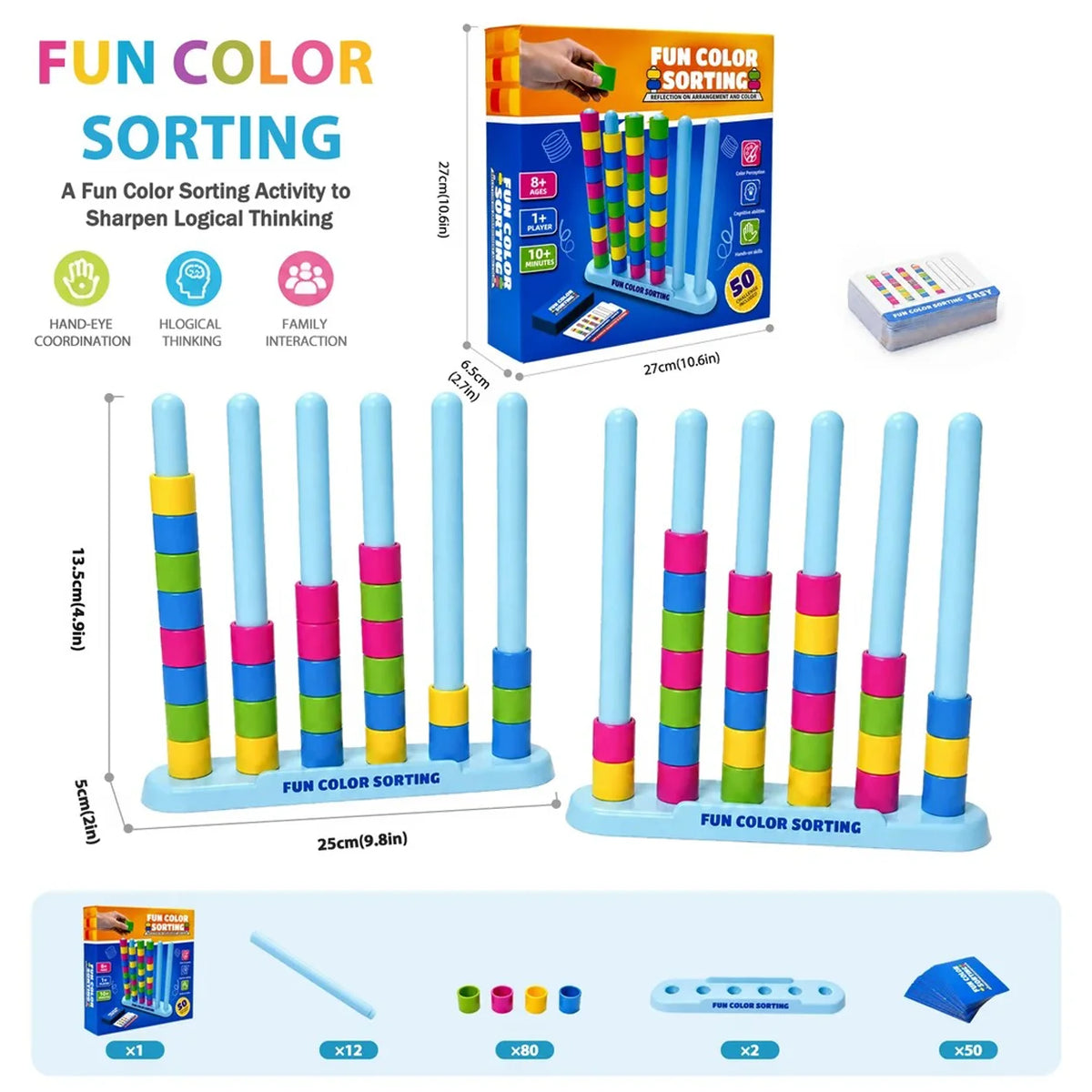 Color Stack Challenge Game 2 Pack with 50 Cards & 80 Color Rings Creative Matching Puzzle Game DIY Craft Activity Toy Gift