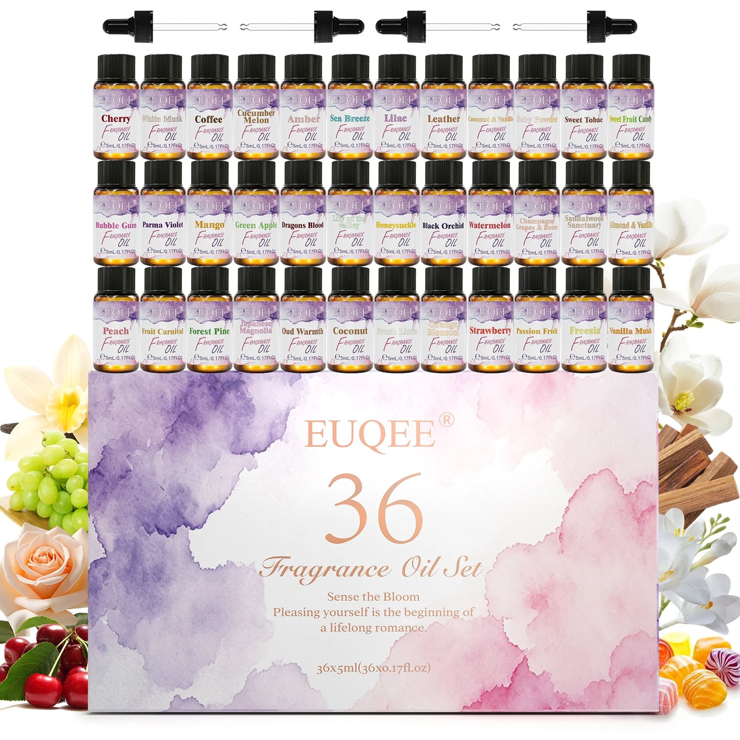 EUQEE 36 Bottles Fragrance Oils Gift Set-5ml Strawberry Cherry Peach Mango Coconut & Vanilla Coconut Fragrance Oil 36pcs/set Aroma Oils For Diffuser Candle Making