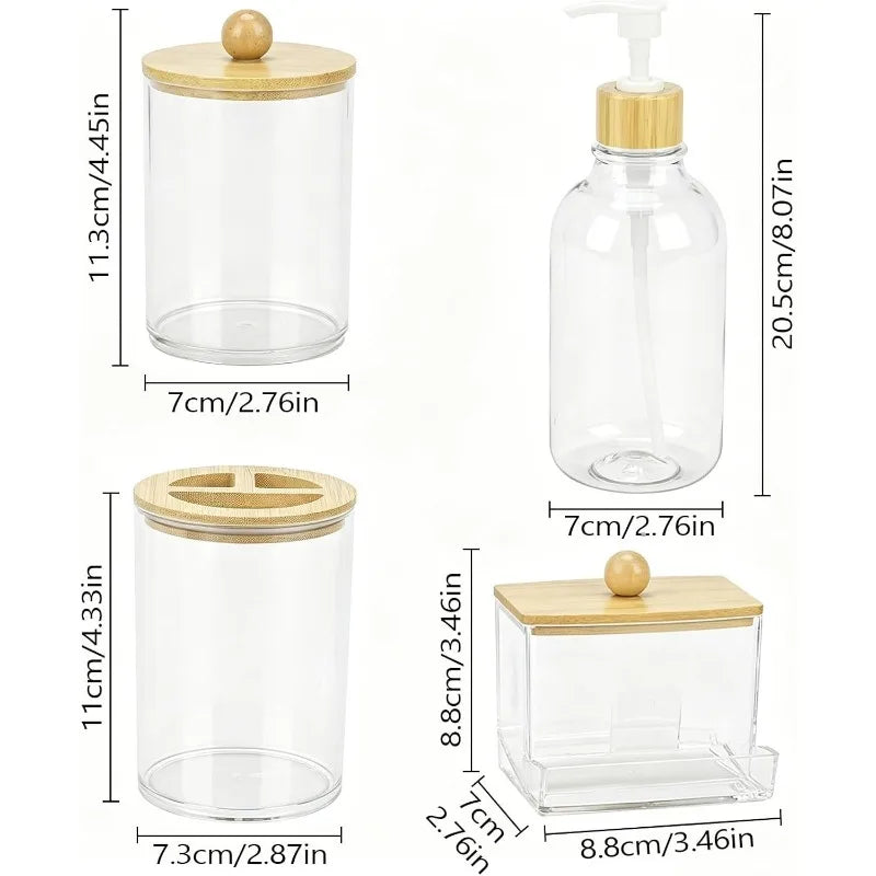 4Pcs Bamboo Bathroom Accessories Set, Clear Toothbrush Holder Plastic Soap Dispenser and 2 Qtip Holder Cotton Swab/Pad/Ball Container Jar