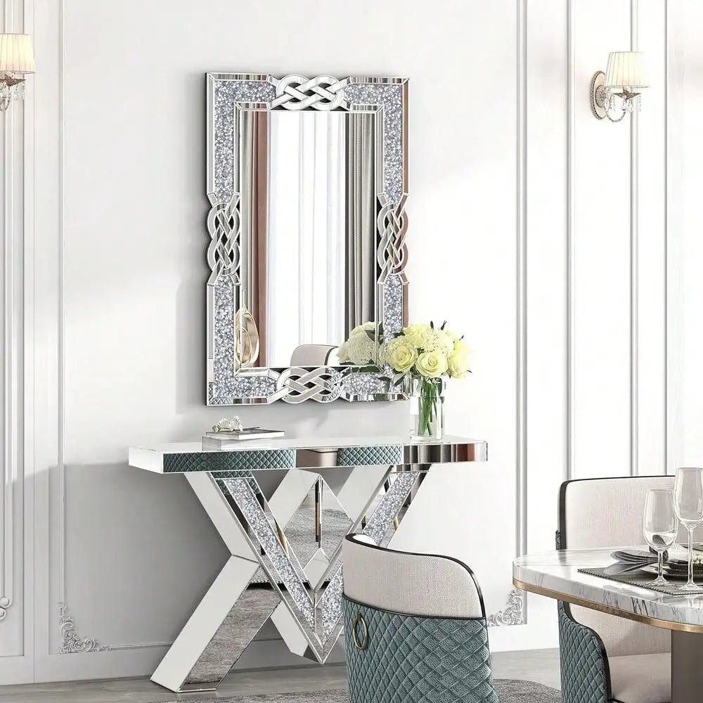 Crystal Diamond Accent Wall Mirror For Living Room Decor
