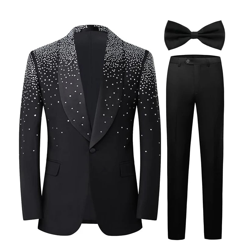 Men's 2-Piece Double-Breasted Shawl Lapel Suit Set - Slim Fit Polyester Silky Wrinkle-Resistant Handmade Tuxedo with Rhinestone Beads, Jacket & Dress Pants for Weddings, Party Wea