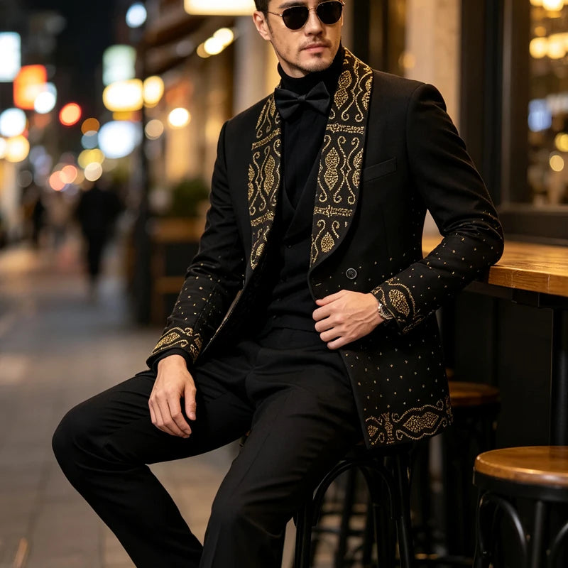 Men's 2‑Piece Tailored Paisley Rhinestone Tuxedo Suit Set‑ Slim Fit Shawl Lapel Long‑Sleeve Suit Jacket & Pants, Formal Outfit for Weddings & Parties
