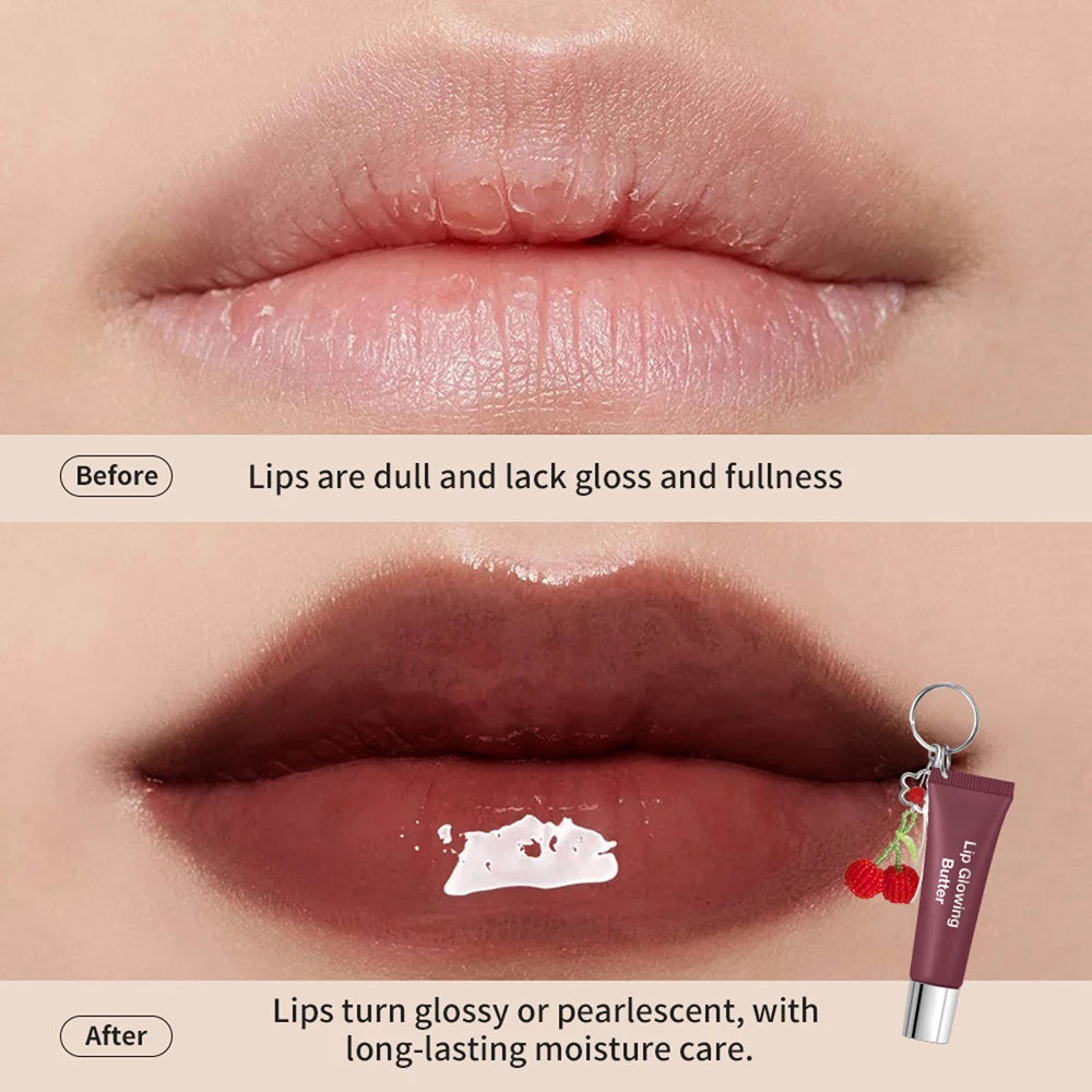 Lip Glowing Butter Lip Gloss With Cherry Pendant Moisturizing Shiny Plumping Lip Tint Hydrating Mirror Liquid Lipstick Long Lasting Lip Balm Makeup