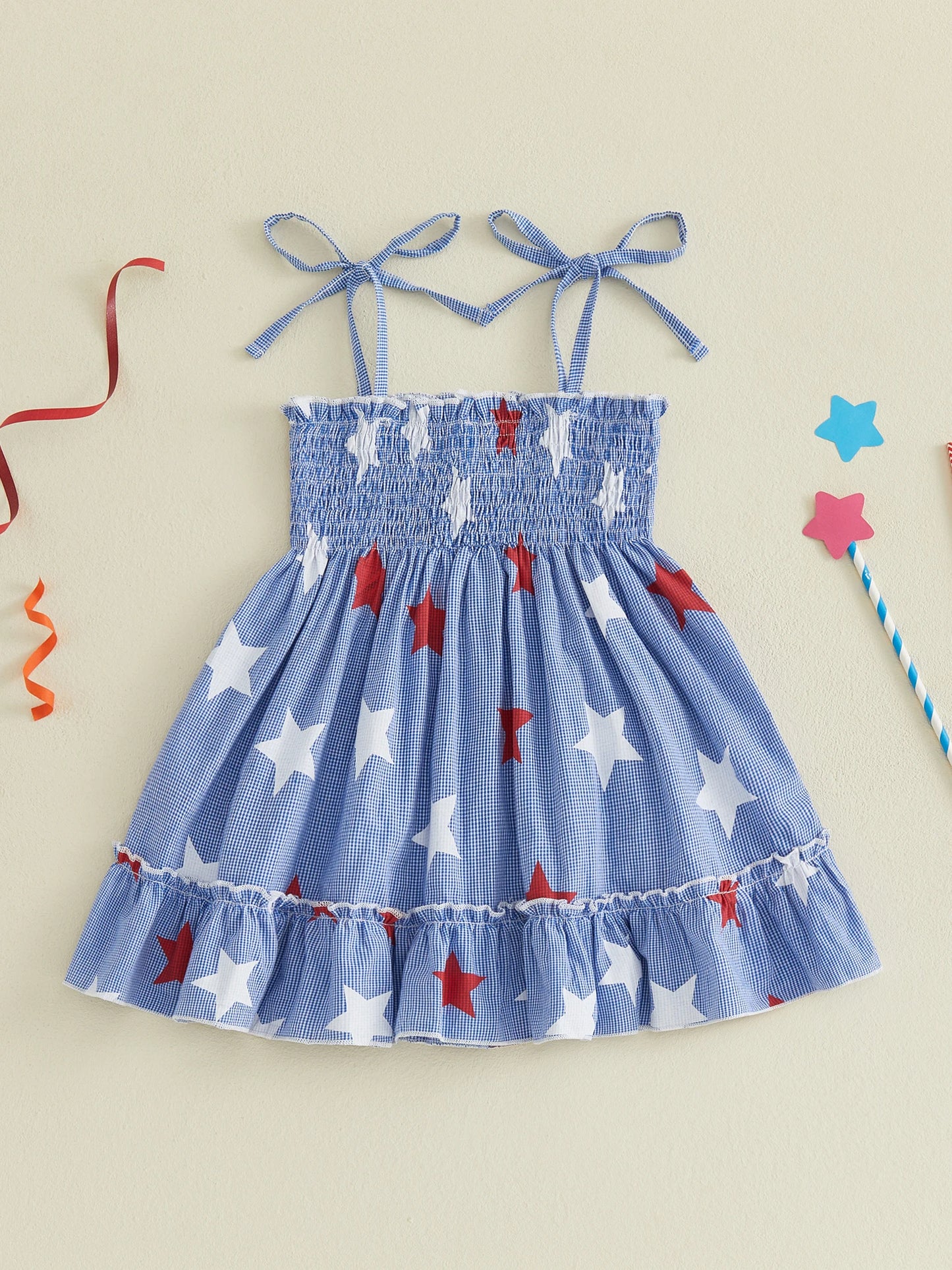 Girls Patriotic Sleeveless Dress With Star And Stripe Print Bow