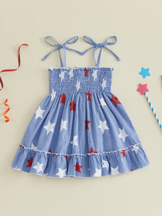 Girls Patriotic Sleeveless Dress With Star And Stripe Print Bow