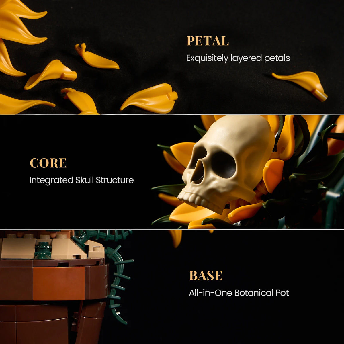 Skull Sunflower Pot Building Blocks Set Yellow Flower Bricks Skeleton Model Gothic Floral Home Decoration Ornament Halloween Gift for Adult