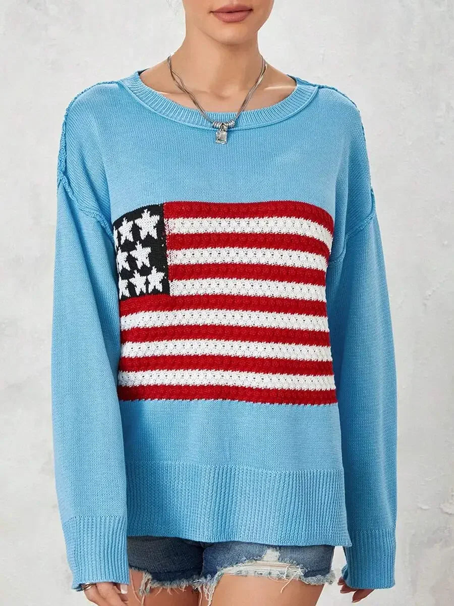 Women American Flag Knit Sweater Long Sleeve Loose Pullover Casual Streetwear Y2k Vintage