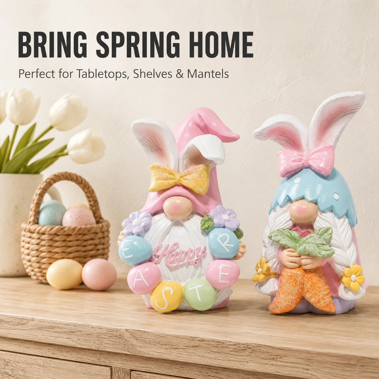 Hodao 5in Easter Gnome Figure Set, Premium Resin Bunny Gnomes with Glitter Bows, Pastel Eggs, Flowers and Sparkle Carrot, Cute Collectible Spring Decor for Tabletop Shelf Mantel Living Room Tiered Tray, Easter Party Home Deco