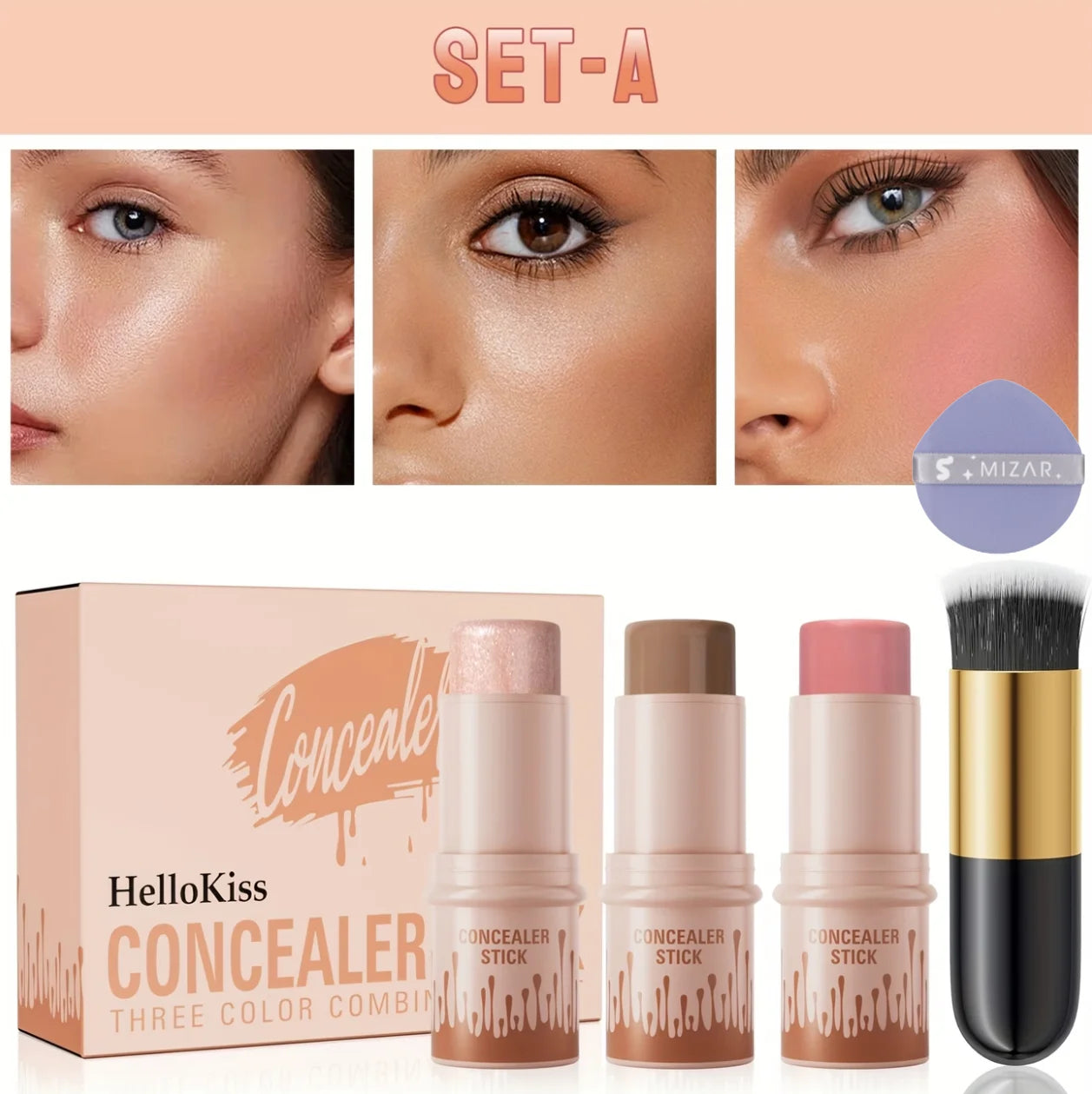 3-piece contour stick set, including blush stick, highlighter stick, bronzer stick, and eyeliner, refreshing and non-greasy, wat