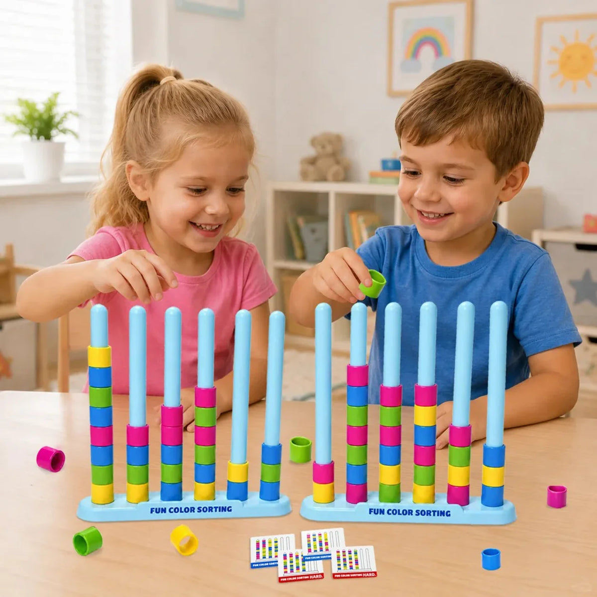 Color Stack Challenge Game 2 Pack with 50 Cards & 80 Color Rings Creative Matching Puzzle Game DIY Craft Activity Toy Gift