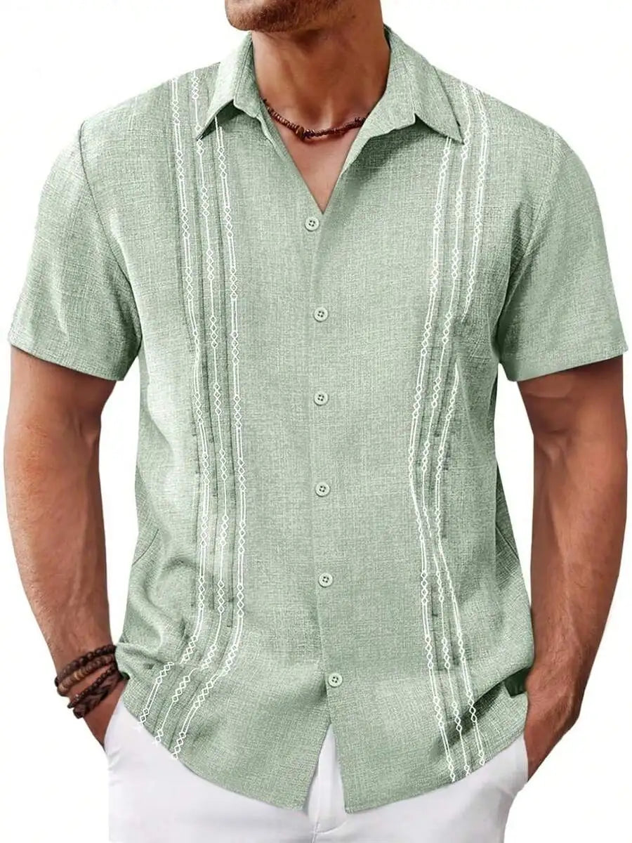 Mens Short Sleeve Button Up Shirt Casual Embroidered Linen Blend Summer Beach Wedding