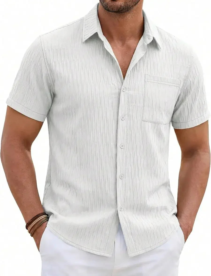 Mens Short Sleeve Button Down Shirt Textured Casual Summer Beach Top With Chest Pocket