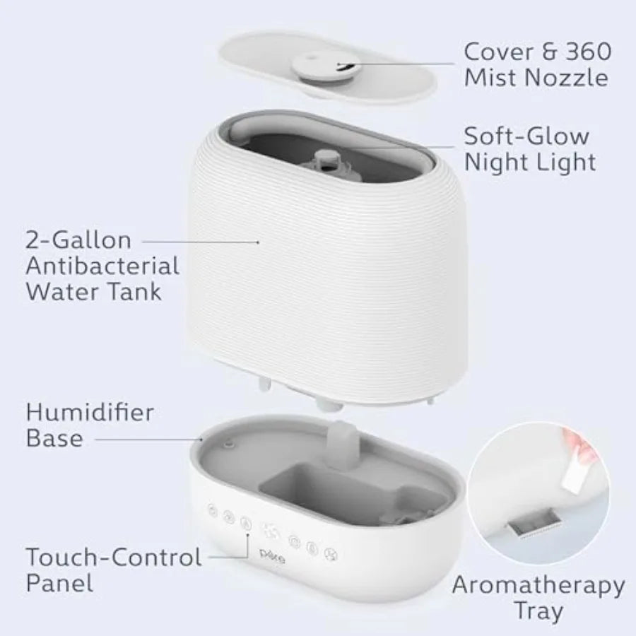 Home use humidifier, ABS plastic, white, top-fill design with warm cool mist, 2-gal tank, up to 4.5 days runtime, auto humidity