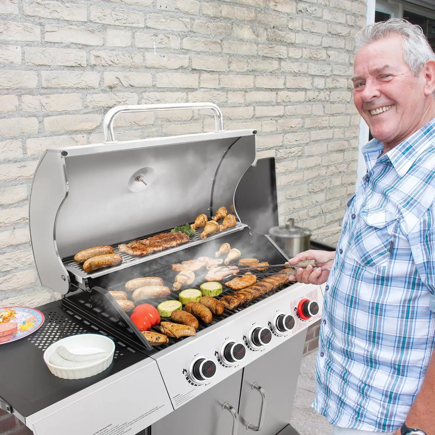 Five Burner Gas Grill With Sear And Side Burner Stainless Cabinet 61000 BTU