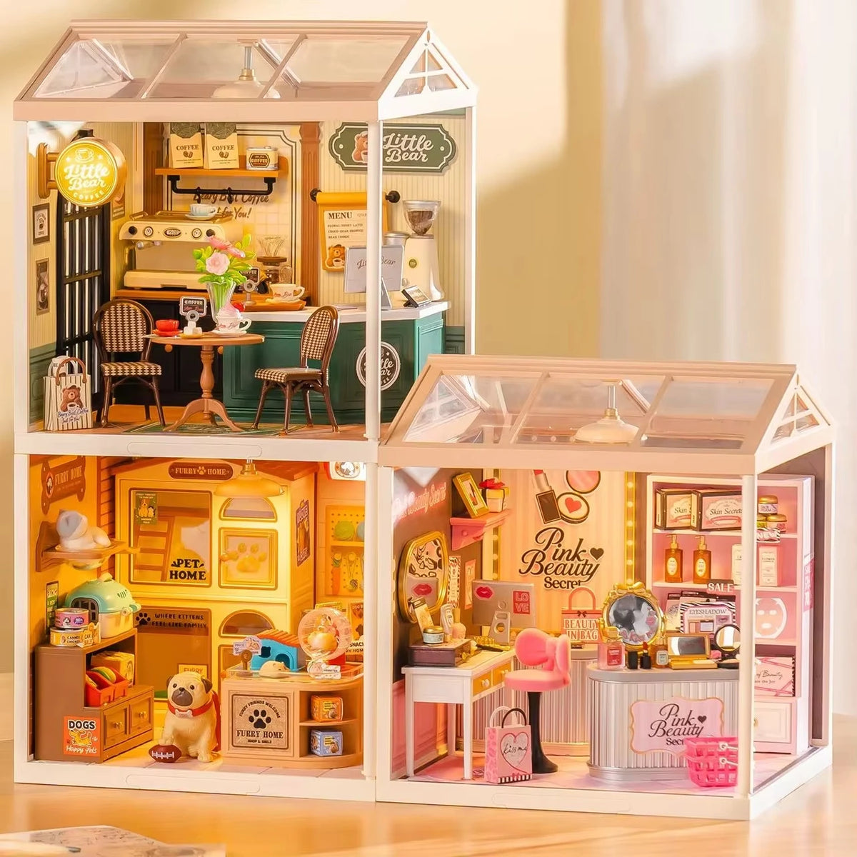 Rolife Dollhouse 3D Puzzle Super Creator Serious DIY Miniature House Kit with LED Light for Home Decor Birthday Gift for Girls Teens(DW026/27/28)