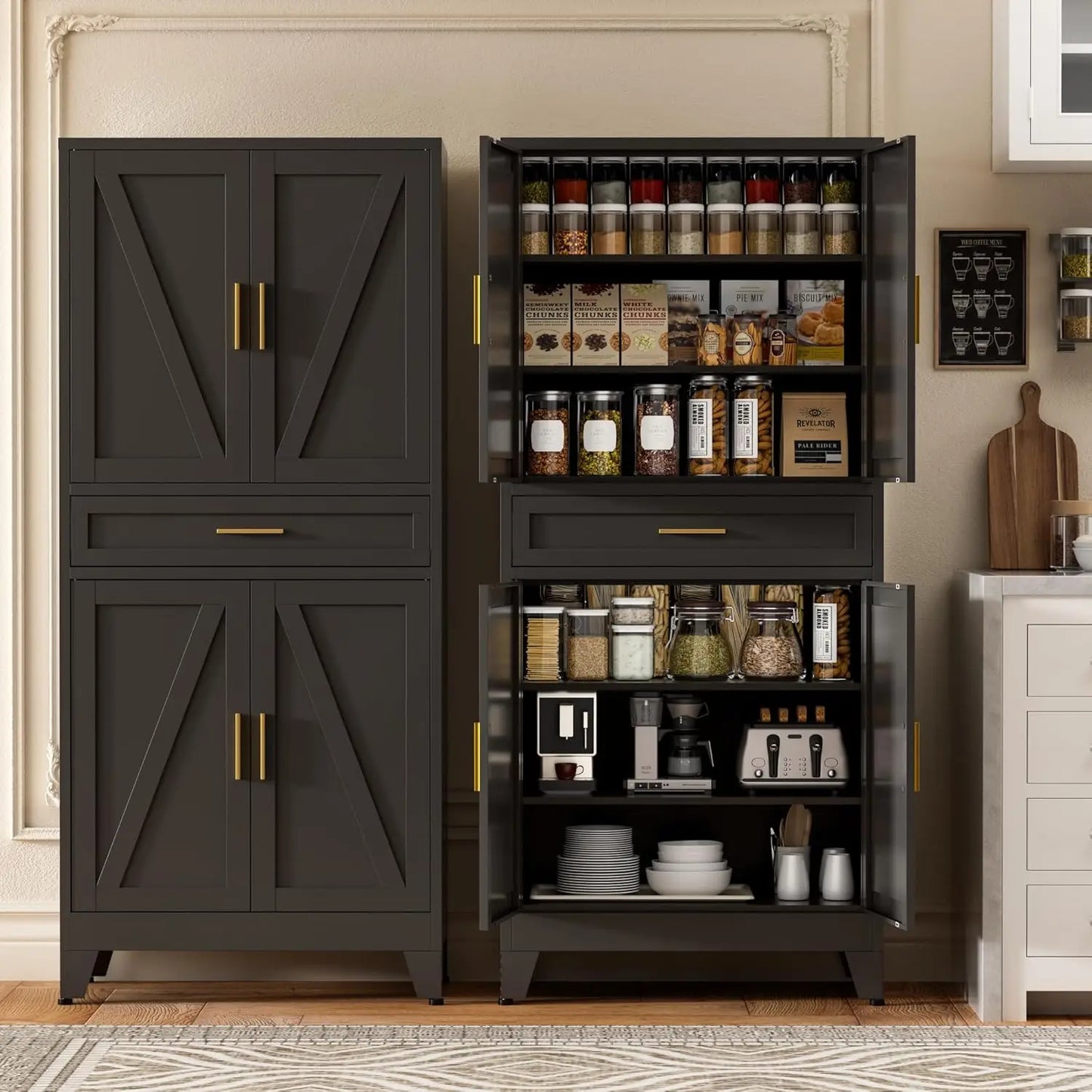 Metal Storage Cabinet With Drawer And Adjustable Shelves Farmhouse Pantry