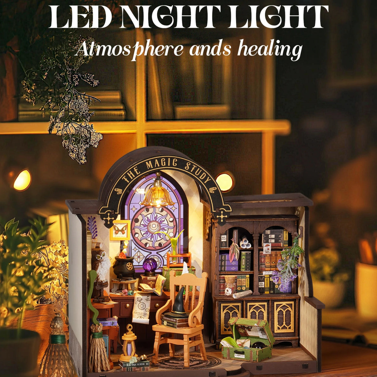 Rolife Wooden Dollhouse 3D Puzzle - Magic Study DIY Miniature House Model Building Kit with LED Light for Home Decor Gift for Adults Friends